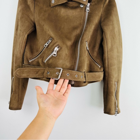 Zara Cropped Suede Effect Moto Biker Zip up Jacket Women brown in colour - Picture 8 of 16